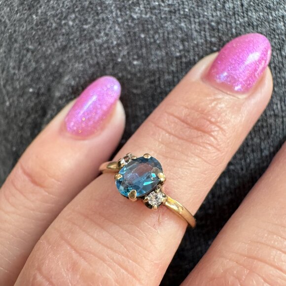 Antique 10k Blue Topaz and Diamond Ring Solid Gold - Picture 7 of 10
